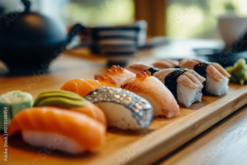 Delicious sushi assortment on a wooden platter. Fresh flavors invite food lovers. Perfect for culinary arts and dining experiences. Generative AI photo