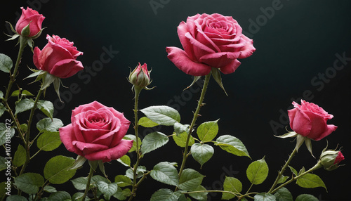 Pink roses bloom against a dark background