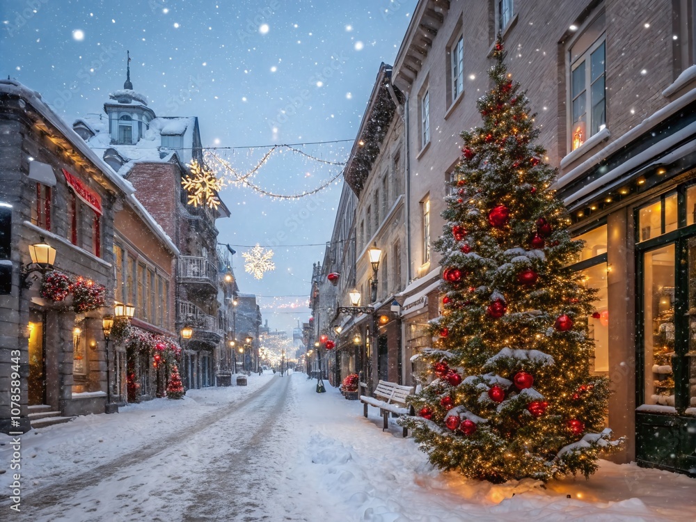 Snowy City Street with Christmas Decorations and a Festive Tree Amidst Glowing Lights and Winter Wonderland Vibes Perfect for Seasonal Fashion Photography Snowy City Street with Christmas Decorations and a Festive Tree Amidst Glowing Lights and Winter Wonderland Vibes Perfect for Seasonal Fashion Photography