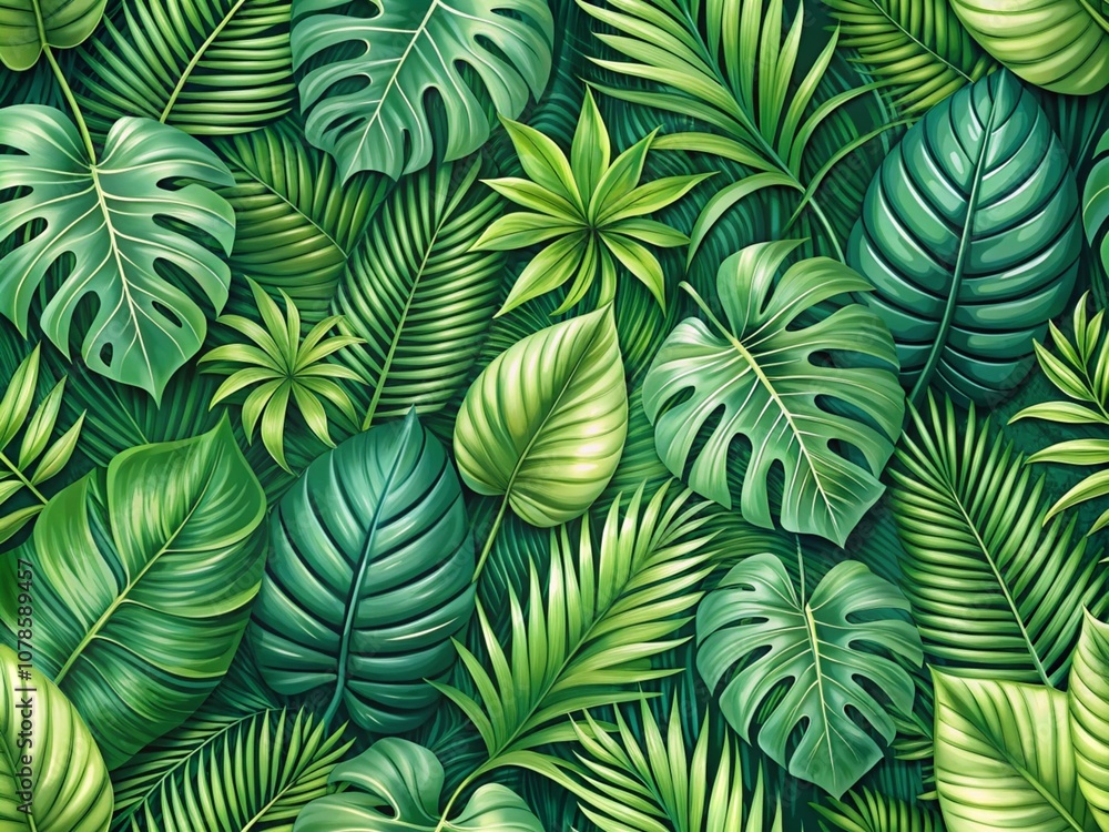 Tropical Leaf Pattern with Monstera and Palm Leaves in Green Tones Tropical Leaf Pattern with Monstera and Palm Leaves in Green Tones