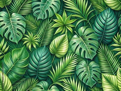 Tropical Leaf Pattern with Monstera and Palm Leaves in Green Tones