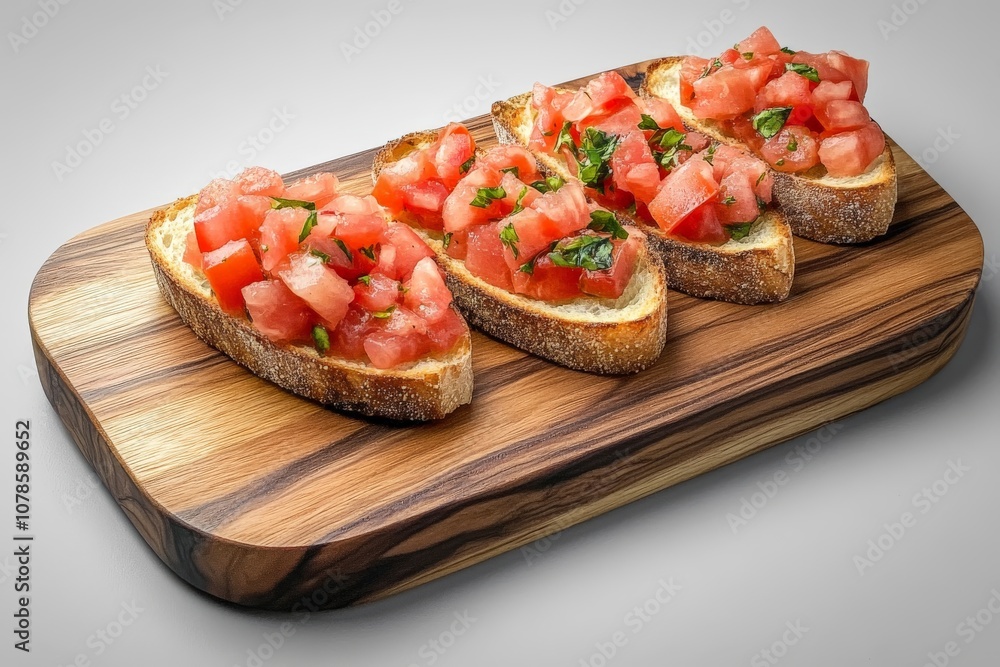 Traditional bruschetta topped with diced tomatoes garlic and basil served on a wooden cutting board to emphasize rustic flavors and artisanal preparation Traditional bruschetta topped with diced tomatoes garlic and basil served on a wooden cutting board to emphasize rustic flavors and artisanal preparation
