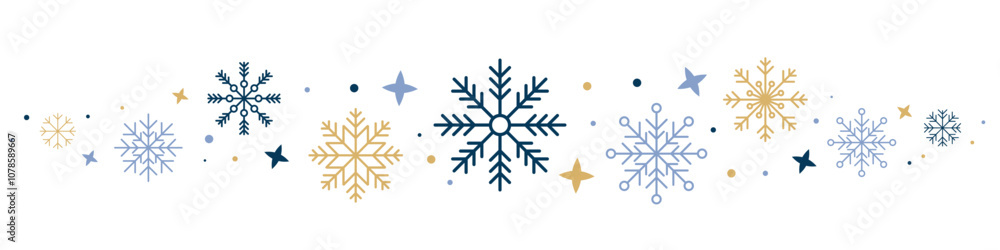 Abstract snowflake seamless border. Snowflakes seamless pattern. Snowfall repeat backdrop. Winter holidays theme. Seamless background with snowflakes. Vector illustration