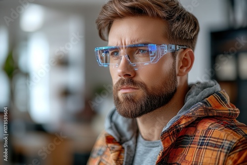 A man with a beard wears high-tech glasses while focused in a contemporary office.