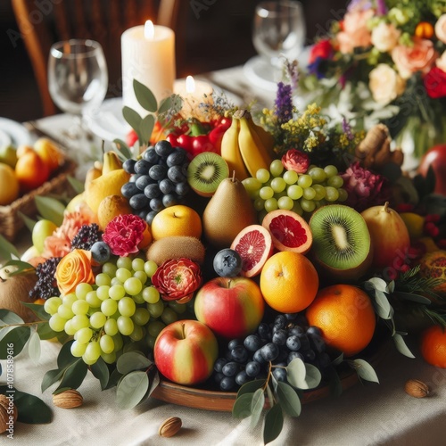 Beautiful arrangement of fresh fruits and vegetables on the table, with an emphasis on bright colors and textures