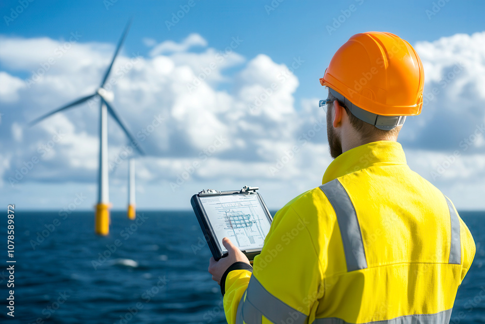 video of Engineer with digital tablet inspecting offshore wind turbines, renewable energy concept video of Engineer with digital tablet inspecting offshore wind turbines, renewable energy concept