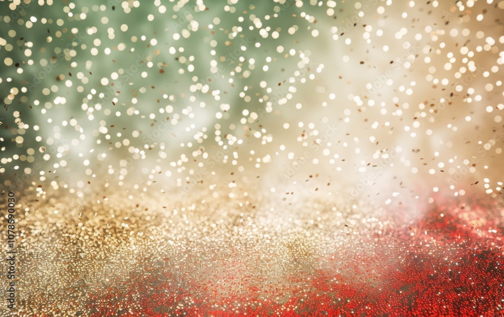 Fototapeta premium Christmas decorating backgrounds illuminate with gold glittering accents, creating an abstract glow light texture. The shimmering ornaments and festive lights capture the essence of the holiday season