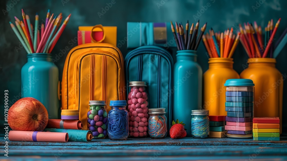 Fototapeta premium Colorful Backpacks and Stationery for Creative Classroom Organization