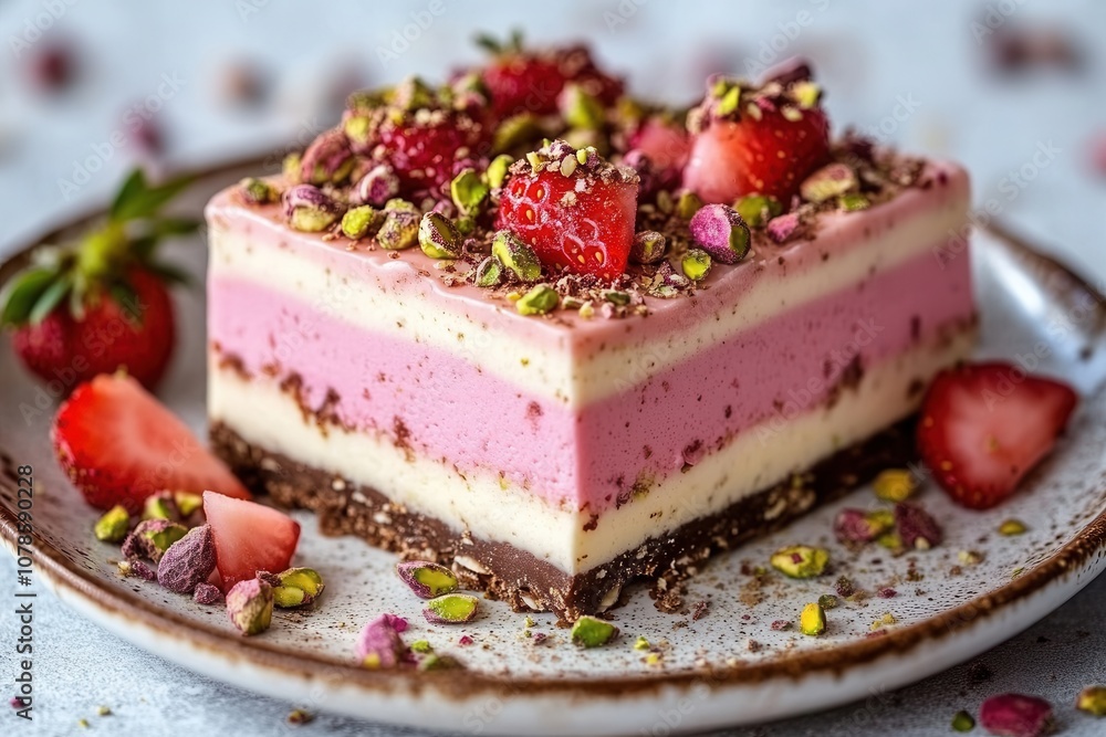 A colorful dessert showcases layers of pink and white cream, garnished with strawberries. A colorful dessert showcases layers of pink and white cream, garnished with strawberries.