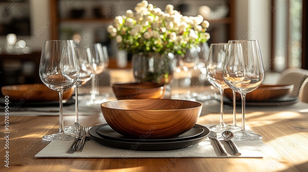 Elegant Table Setting with Wooden Bowls and Wine Glasses Elegant Table Setting with Wooden Bowls and Wine Glasses