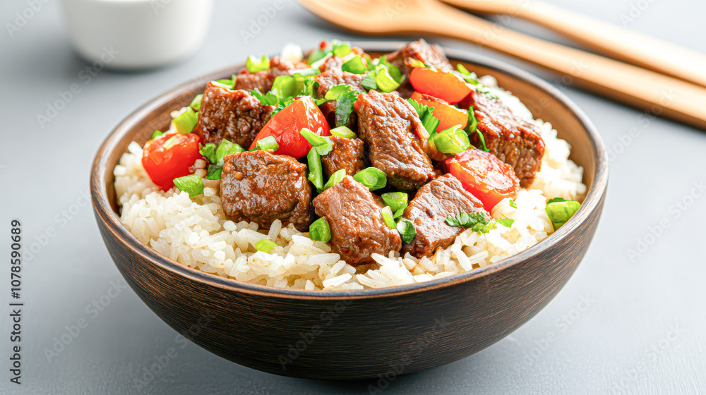 A bowl of rice and meat with green vegetables A bowl of rice and meat with green vegetables