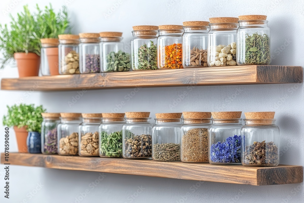 Assorted herbs and spices are displayed in glass jars on wooden shelves, enhancing the kitchen decor. Assorted herbs and spices are displayed in glass jars on wooden shelves, enhancing the kitchen decor.