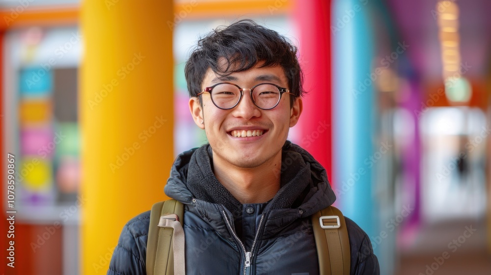 Against a vivid background, a young Asian scholar smiles, embodying the joy of learning and personal development Against a vivid background, a young Asian scholar smiles, embodying the joy of learning and personal development