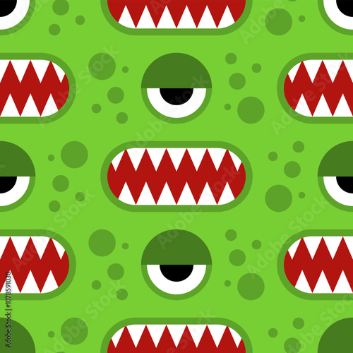 Green monster pattern. Monster eyes and teeth ornament. Kids fabric background