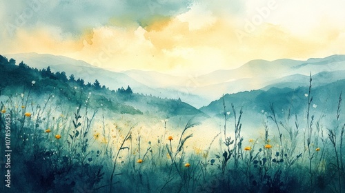 Fototapeta Naklejka Na Ścianę i Meble -  Watercolor painting of a misty mountain landscape with yellow wildflowers in the foreground.