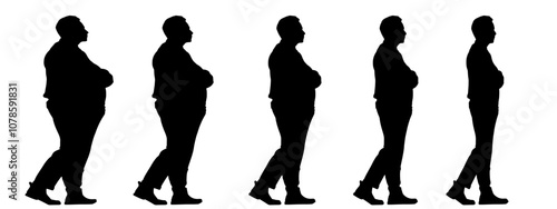 Conceptual fat overweight obese man vs slim fit healthy body after weight loss or diet, white background banner. A  fitness, nutrition or obesity, health care shape illustration vector as silhouettes