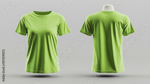 A vibrant green t-shirt on a mannequin with front and back views, set against a neutral gray backdrop. Ideal for fashion and apparel stock photography. photo