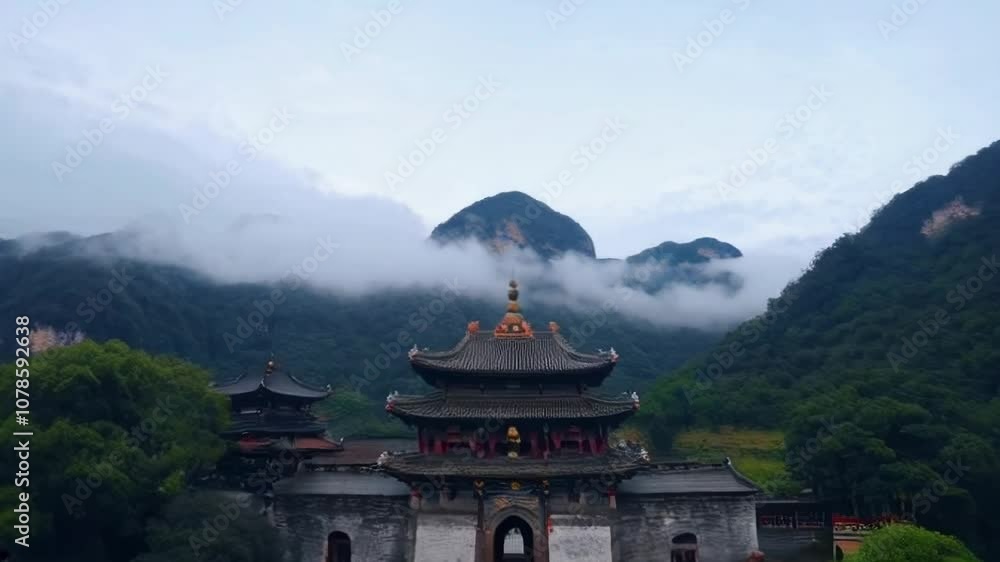 A serene view of a temple surrounded by misty mountains, capturing tranquility and cultural heritage in stunning detail. A serene view of a temple surrounded by misty mountains, capturing tranquility and cultural heritage in stunning detail.