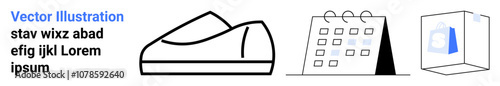 Shoe with laces, desk calendar with spiral binding and date blocks, and a package with a letter inside Ideal for e-commerce, retail, scheduling, courier services, time management, product design