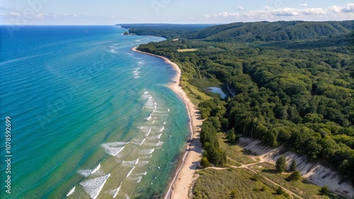 Stunning Aerial View of Lake Michigan's Serene Shores and Vibrant Blue Waters Capturing Nature's Beauty and Tranquility from Above in a Scenic Landscape Photography Perspective