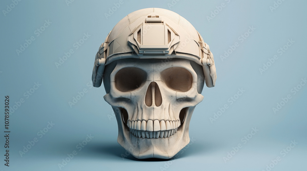 3D-ed image of a human skull wearing a modern tactical helmet on a blue background