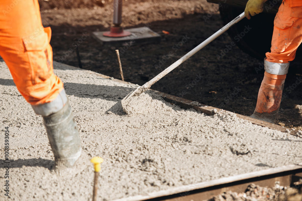 Concreters pouring and leveling fresh concrete for construction at a building site during daylight hours Concreters pouring and leveling fresh concrete for construction at a building site during daylight hours