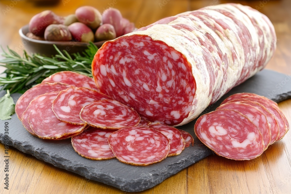 Sliced salami with olives and rosemary sprigs arranged on a dark slate board creating an elegant and rustic charcuterie experience with Mediterranean influences Sliced salami with olives and rosemary sprigs arranged on a dark slate board creating an elegant and rustic charcuterie experience with Mediterranean influences
