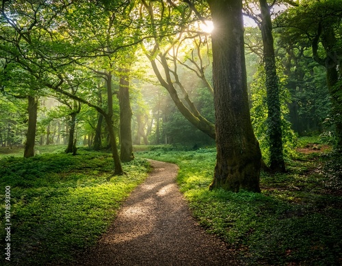 Deep Green Forest With Sunlight Filtering Through the Canopy, Illuminating a Tranquil Path Winding Through Ancient Trees, Captured in Early Morning Light for a Peaceful Nature Landscape