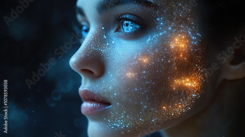 Closeup portrait of a woman's face with glowing particles.