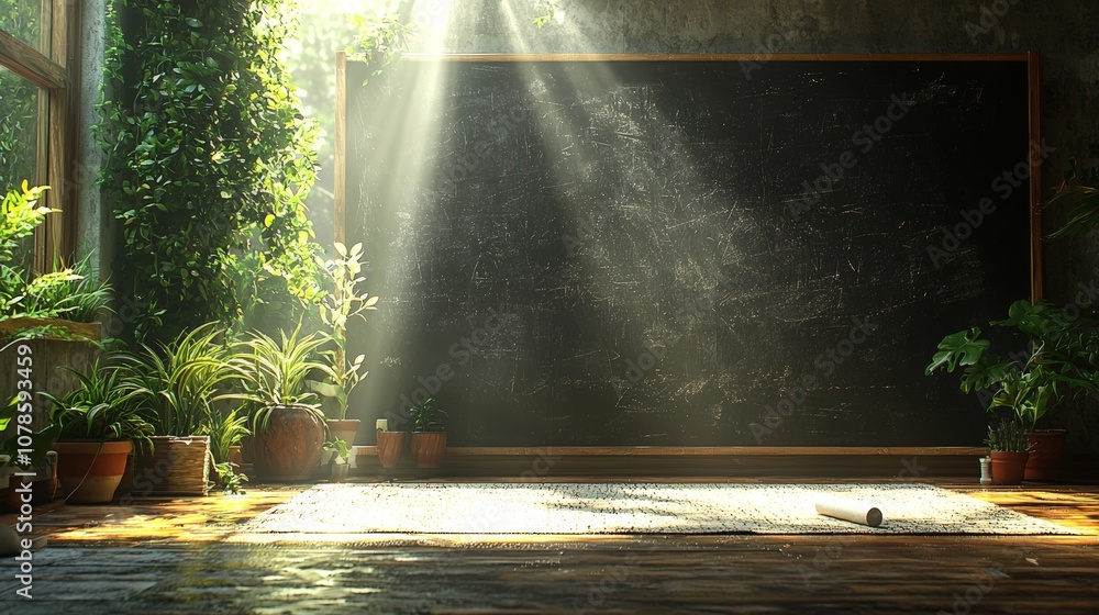 A sunlit classroom with a chalkboard and lush plants, creating a serene learning environment. A sunlit classroom with a chalkboard and lush plants, creating a serene learning environment.