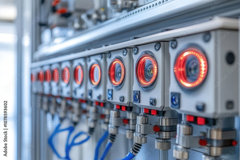 A detailed view of a control panel featuring red indicators and cables in a manufacturing facility. A detailed view of a control panel featuring red indicators and cables in a manufacturing facility.