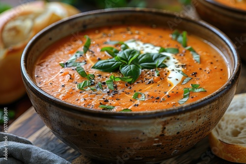 Close-up of a bowl of tomato soup with basil and black pepper