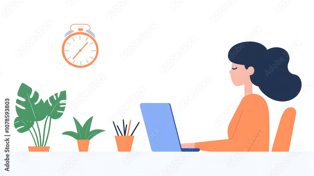 Fototapeta premium Modern Work Environment: A Woman Engaged in Focused Work with Indoor Plants, Emphasizing Work-Life Balance and Productivity Initiatives at a Desk Setup