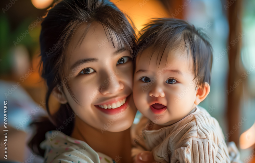 Smiling mother holding her happy baby in warm lighting Smiling mother holding her happy baby in warm lighting