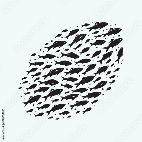 black flock of fish set vector, flock of fish silhouette vector icon black and white