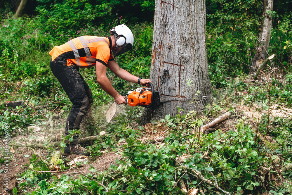 A forestry worker fells a tree in a forested area while wearing safety gear during daylight hours A forestry worker fells a tree in a forested area while wearing safety gear during daylight hours