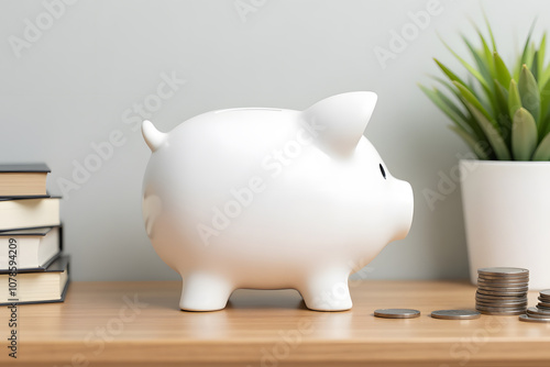 White piggy bank on wooden desk with coins and books near potted plant