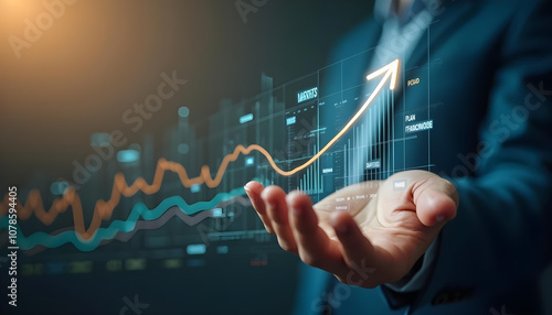 business professional presenting digital graph with upward trend, symbolizing growth and success in market. image conveys optimism and progress