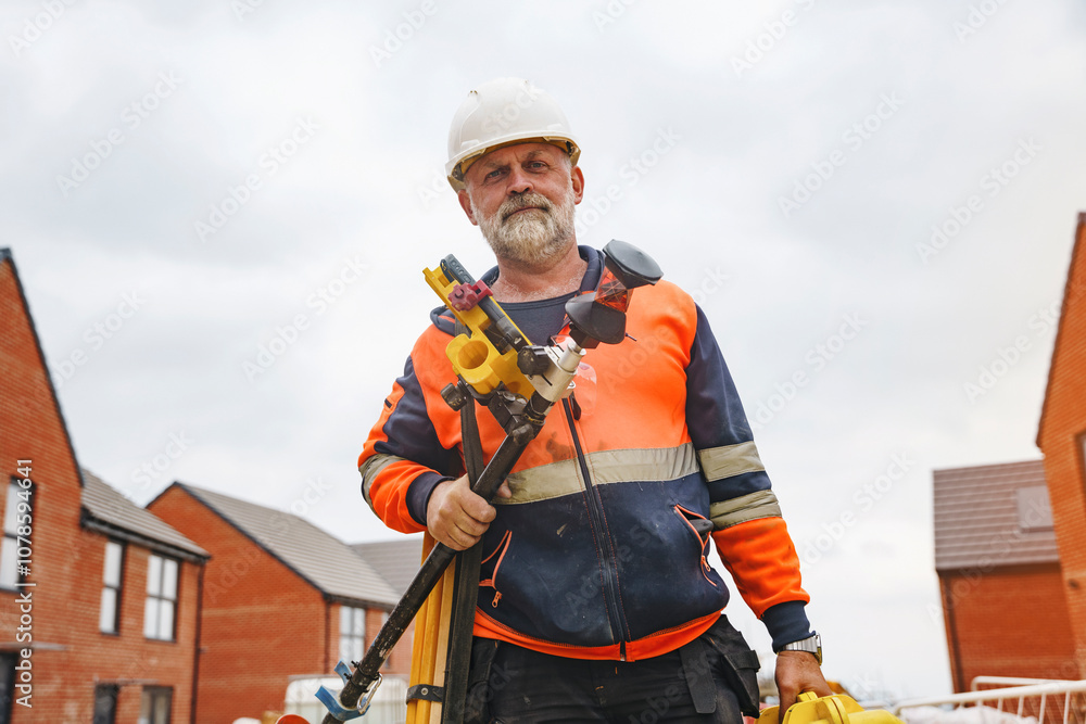 Buiilder with surveying equipment stands outside residential buildings on a cloudy day Buiilder with surveying equipment stands outside residential buildings on a cloudy day