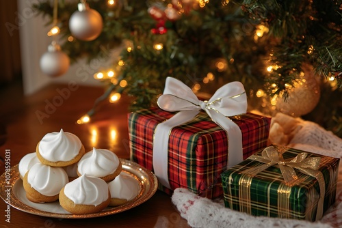 Wrapped gift boxes between Christmas decorations, pine cones and green fir branches close up. Christmas or New Year Holiday atmosphere flat lay photo