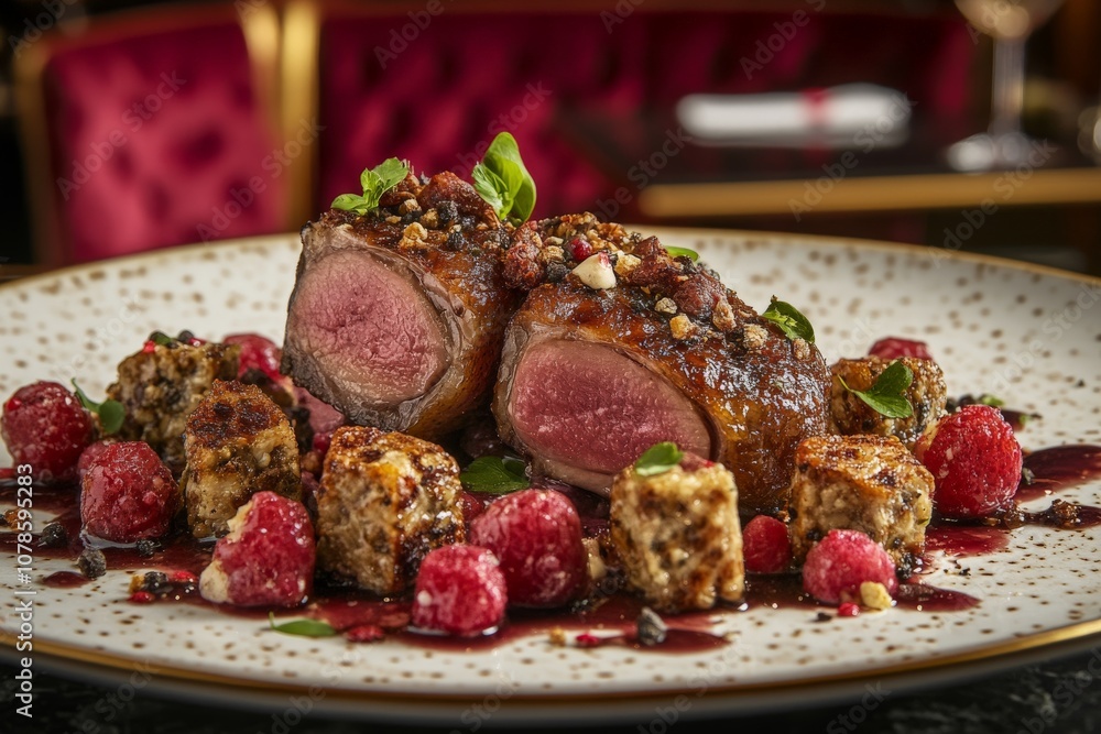 Gourmet lamb chops plated with raspberry glaze seasoned sides and fresh raspberries in an upscale restaurant dining setting Gourmet lamb chops plated with raspberry glaze seasoned sides and fresh raspberries in an upscale restaurant dining setting