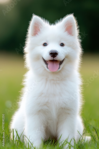 Adorable fluffy white Samoyed puppy sitting in a grassy field, radiating joy and playfulness under soft sunlight.