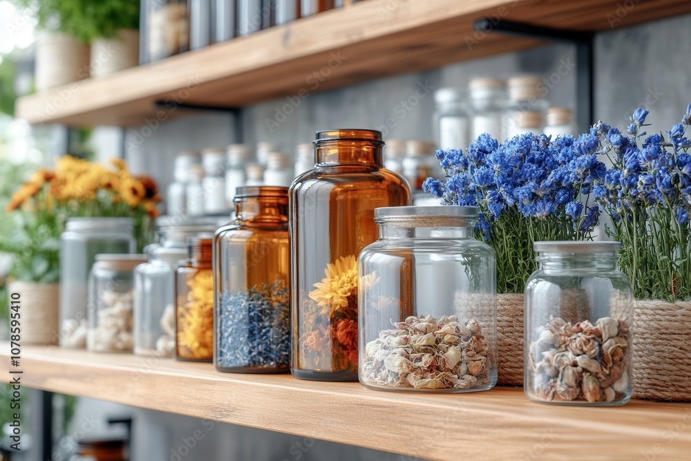 A collection of jars filled with dried herbs and flowers on wooden shelves in a kitchen. A collection of jars filled with dried herbs and flowers on wooden shelves in a kitchen.