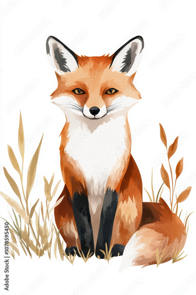 Obraz premium A vibrant illustration of a fox sitting gracefully among tall grasses, showcasing its beautiful orange fur and striking gaze.