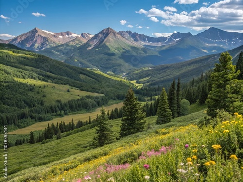 Stunning Colorado Landscape Wallpaper Featuring Majestic Mountains and Lush Green Valleys Under a Clear Blue Sky, Perfect for Nature Lovers and Outdoor Enthusiasts