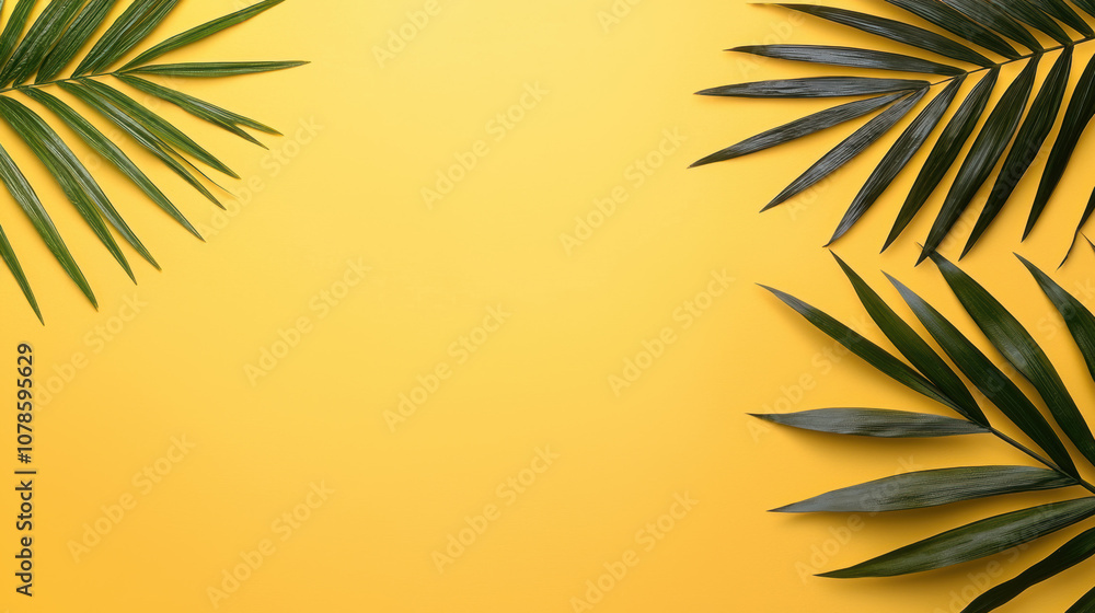 Vibrant tropical leaves frame a golden yellow background, perfect for summer themes, nature concepts, or decorative design elements. Vibrant tropical leaves frame a golden yellow background, perfect for summer themes, nature concepts, or decorative design elements.