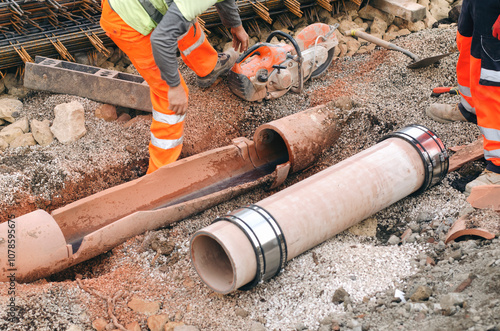 Fotografía Builders replacing damaged underground drainage pipe