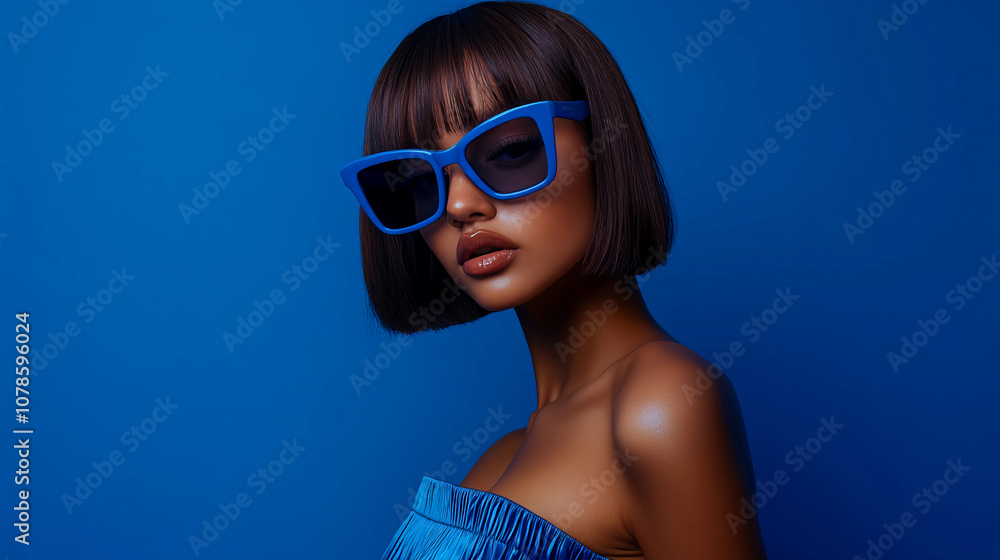 Naklejka premium Cute model with bobbed hair, and bold sunglasses in blue