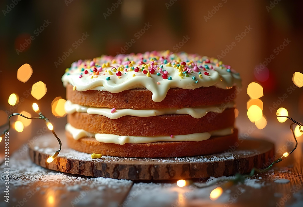 Delicious layered cake with creamy frosting and colorful sprinkles, beautifully presented on wooden board, surrounded by festive lights, creating warm and inviting atmosphere Delicious layered cake with creamy frosting and colorful sprinkles, beautifully presented on wooden board, surrounded by festive lights, creating warm and inviting atmosphere