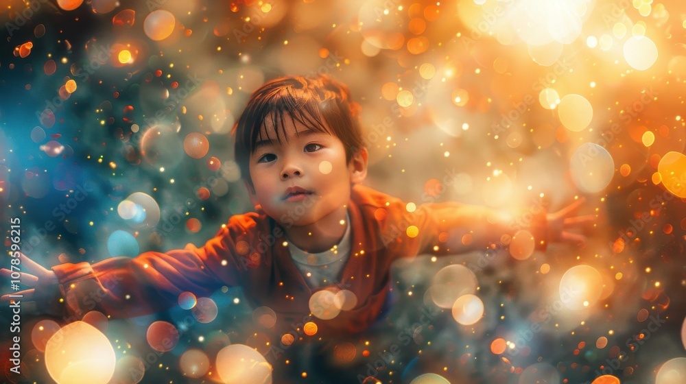 Surrounded by a spectrum of backgrounds, an adventurous Asian boy's daring pose symbolizes his fearless spirit and love for adventure Surrounded by a spectrum of backgrounds, an adventurous Asian boy's daring pose symbolizes his fearless spirit and love for adventure